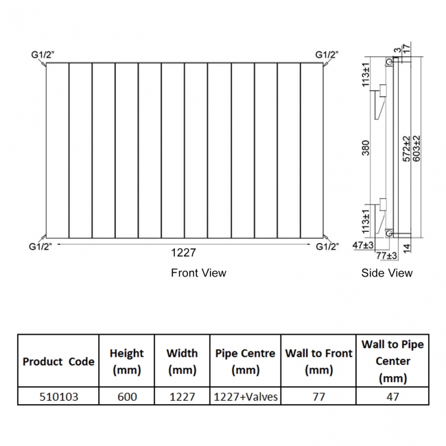 Heatwave Ascot Single Horizontal Aluminium Radiator 600mm H x 1227mm W Anthracite - 12 Sections
