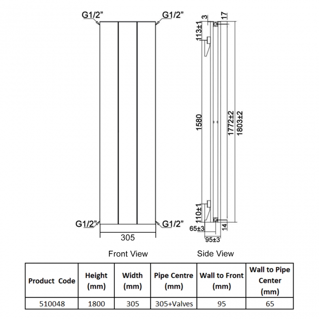 Heatwave Salcombe White Vertical Aluminium Radiator 1800mm (H) x 305mm (W)  | Dimension Image