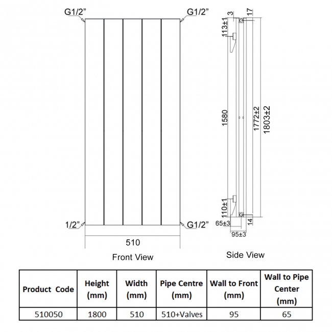 Heatwave Salcombe White Vertical Aluminium Radiator 1800mm (H) x 510mm (W)  | Dimension Image