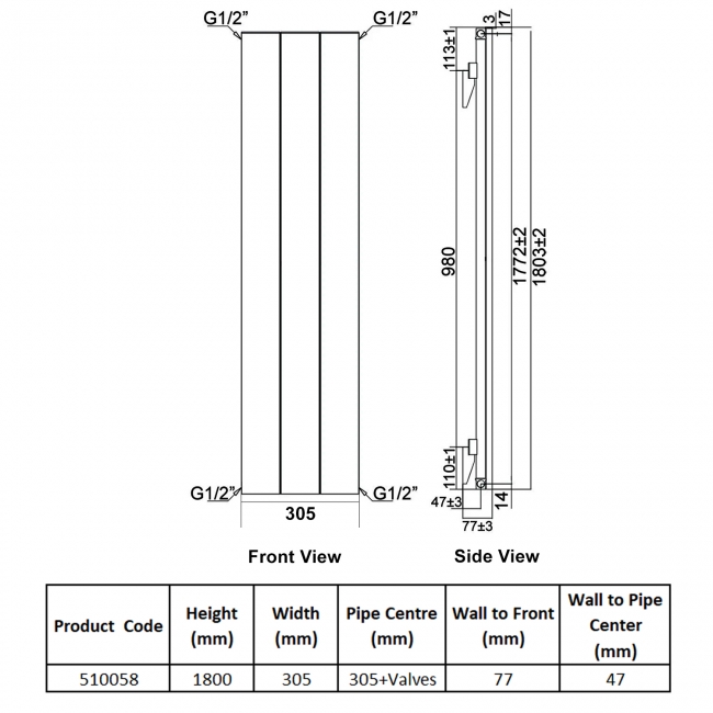Heatwave Berkshire Single Vertical Aluminium Radiator 1800mm H x 305mm W White - 3 Sections