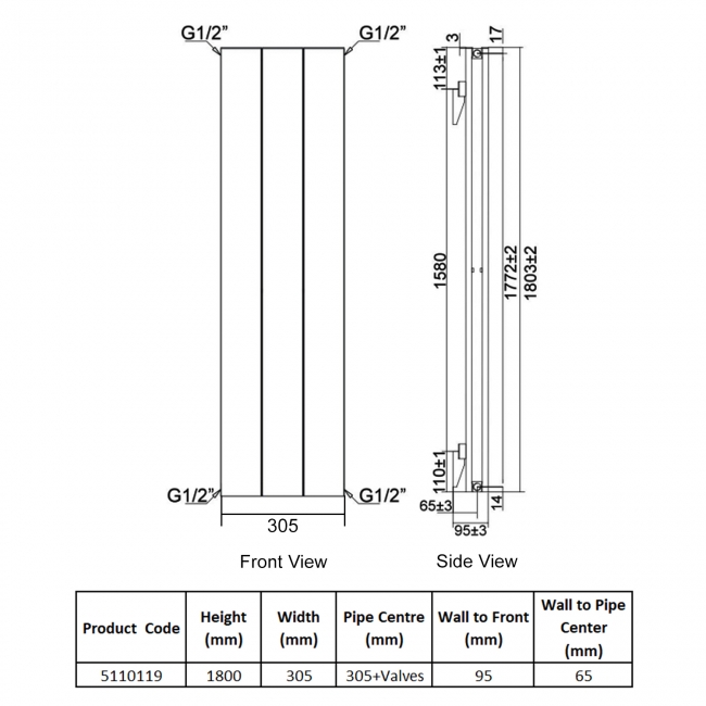 Heatwave Salcombe Anthracite Vertical Aluminium Radiator 1800mm (H) x 305mm (W)  | Dimension Image
