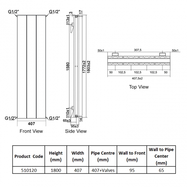 Heatwave Salcombe Anthracite Vertical Aluminium Radiator 1800mm (H) x 407mm (W)  | Dimension Image
