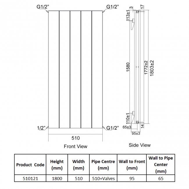 Heatwave Salcombe Anthracite Vertical Aluminium Radiator 1800mm (H) x 510mm (W)  | Dimension Image