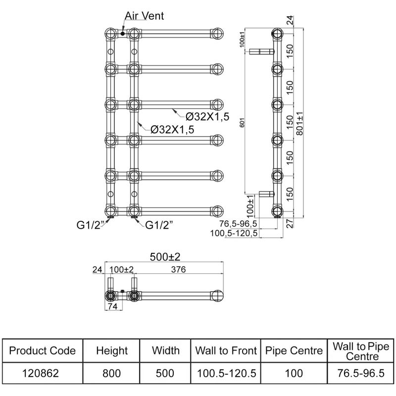 Heatwave Regent Chrome Traditional Towel Rail 800mm (H) x 500mm (W)