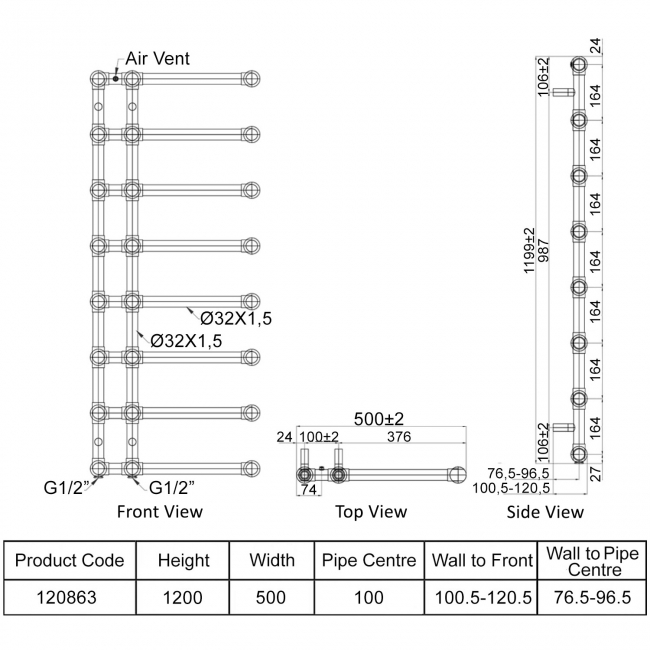 Heatwave Regent Chrome Traditional Towel Rail 1200mm (H) x 500mm (W)  | Dimension Image