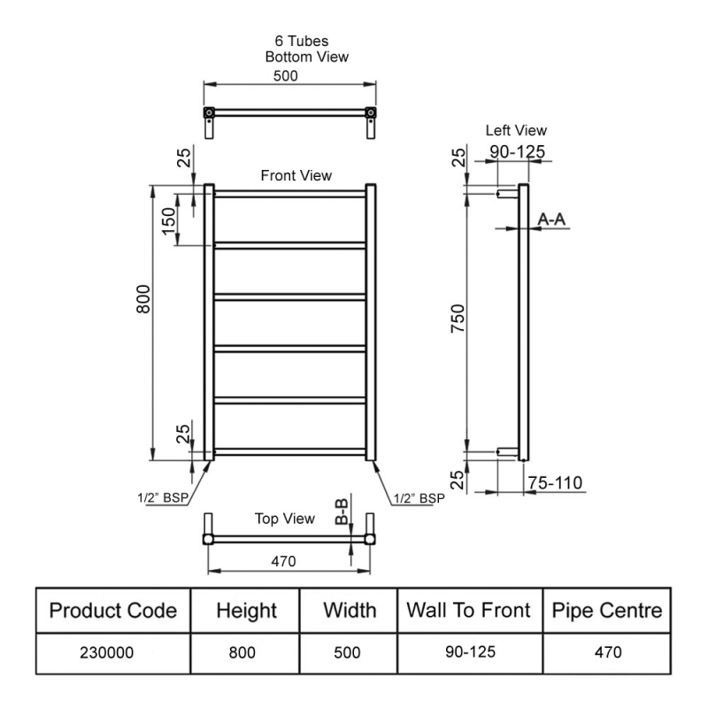 Heatwave Zone Brushed Stainless Steel Ladder Towel Rail 800mm (H) x 500mm (W)