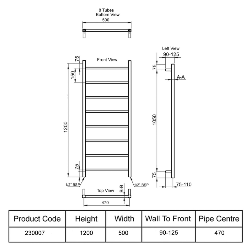 Heatwave Zone Polished Stainless Steel Ladder Towel Rail 1200mm (H) x 500mm (W)