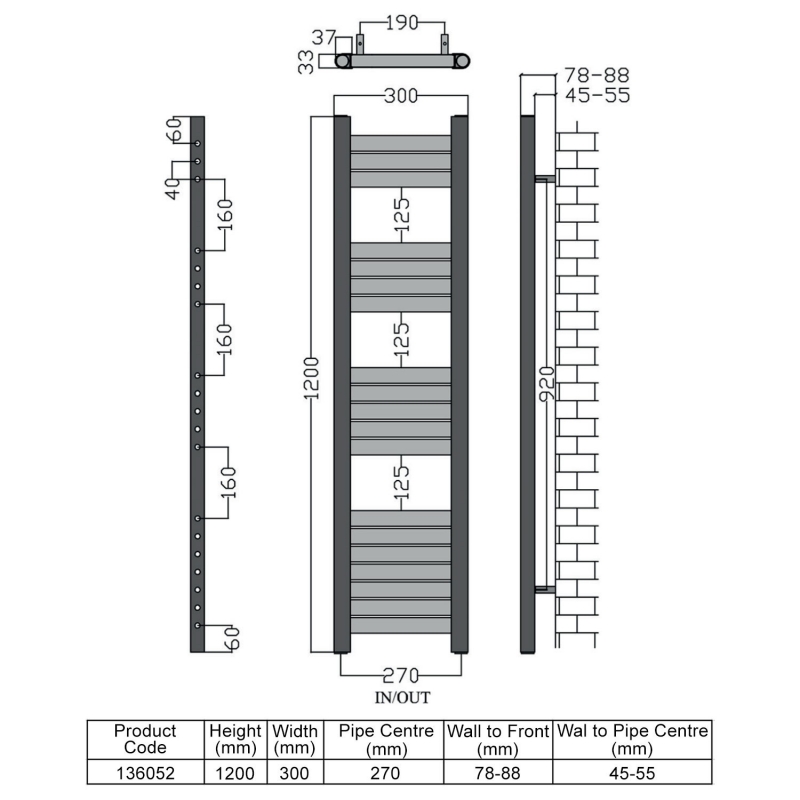 Heatwave Haven Champagne Aluminium Ladder Towel Rail 1200mm (H) x 300mm (W)  | Dimension Image