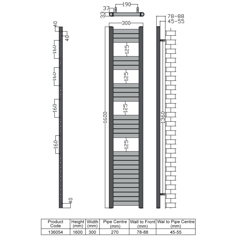 Heatwave Haven Champagne Aluminium Ladder Towel Rail 1600mm (H) x 300mm (W)  | Dimension Image