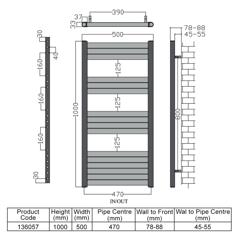 Heatwave Haven Champagne Aluminium Ladder Towel Rail 1000mm (H) x 500mm (W)  | Dimension Image