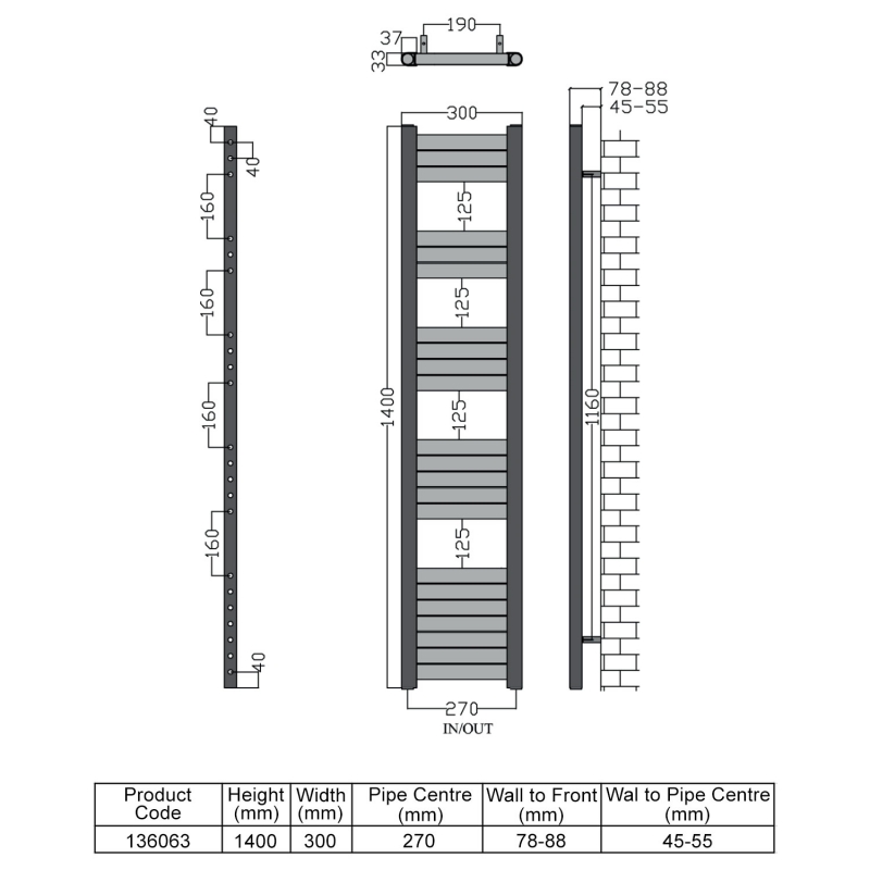 Heatwave Haven Black Aluminium Ladder Towel Rail 1400mm (H) x 300mm (W)  | Dimension Image