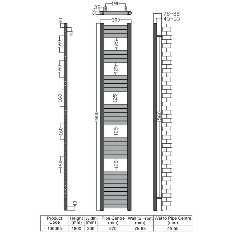 Heatwave Haven Black Aluminium Ladder Towel Rail 1800mm (H) x 300mm (W)