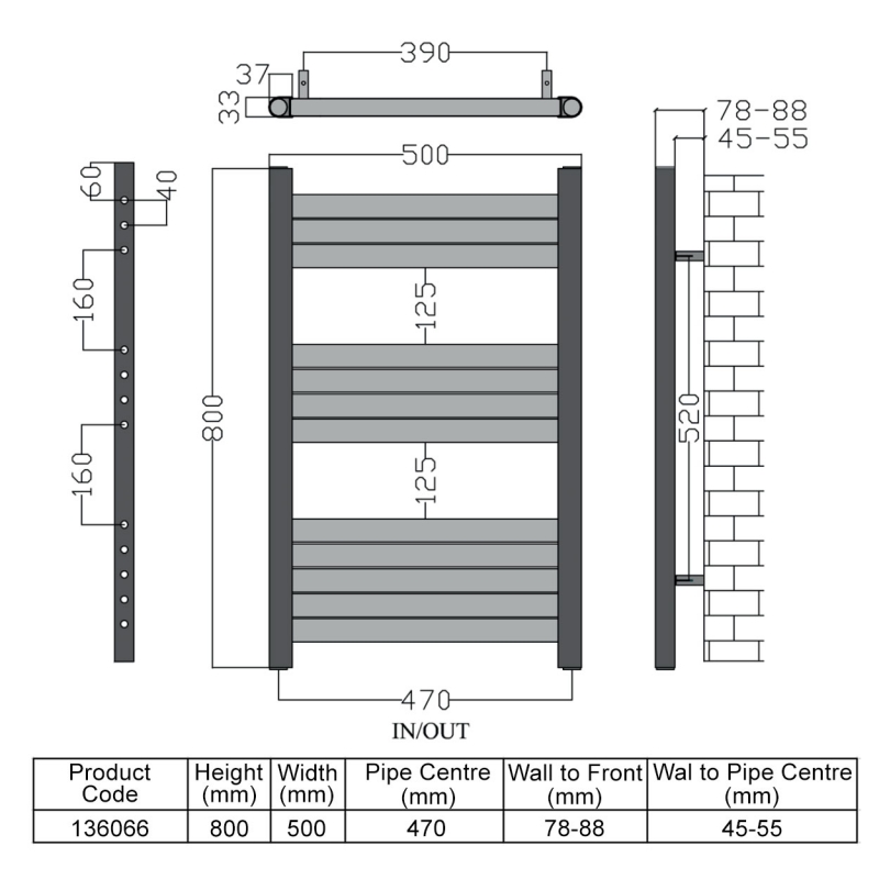 Heatwave Haven Black Aluminium Ladder Towel Rail 800mm (H) x 500mm (W)  | Dimension Image