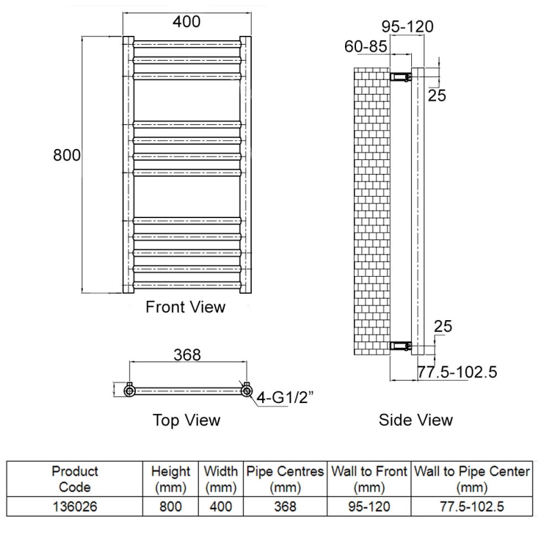 Heatwave Paramount Polished Stainless Steel Ladder Towel Rail 800mm (H) x 400mm (W)  | Dimension Image