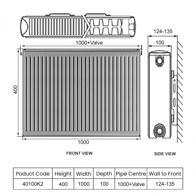 Heatwave EverWarm Compact Radiator 400mm H x 1000mm W Double Convector  | Dimension Image