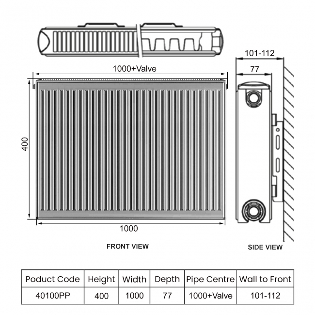 Heatwave EverWarm Compact Radiator 400mm H x 1000mm W Double Panel Plus  | Dimension Image