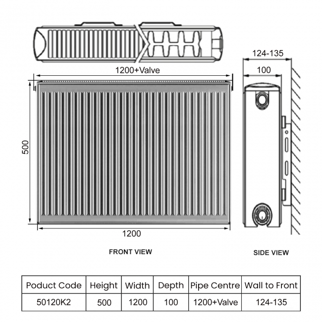 Heatwave EverWarm Compact Radiator 500mm H x 1200mm W Double Convector  | Dimension Image