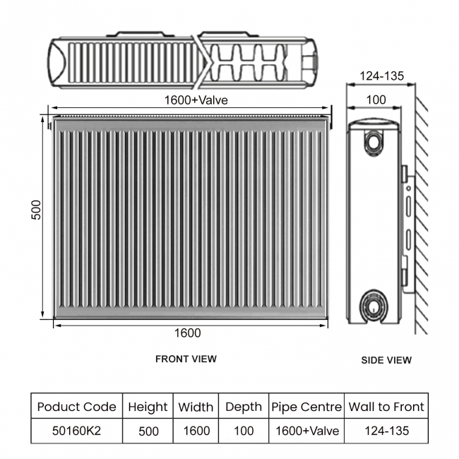 Heatwave EverWarm Compact Radiator 500mm H x 1600mm W Double Convector  | Dimension Image