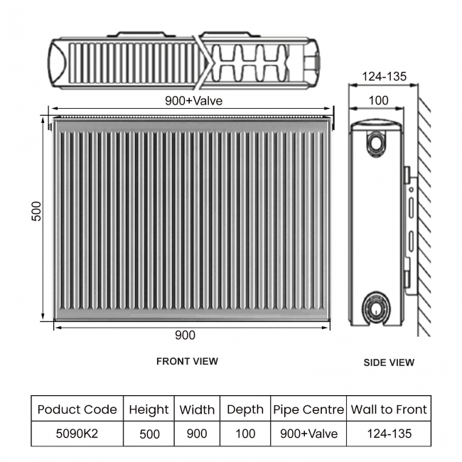 Heatwave EverWarm Compact Radiator 500mm H x 900mm W Double Convector  | Dimension Image