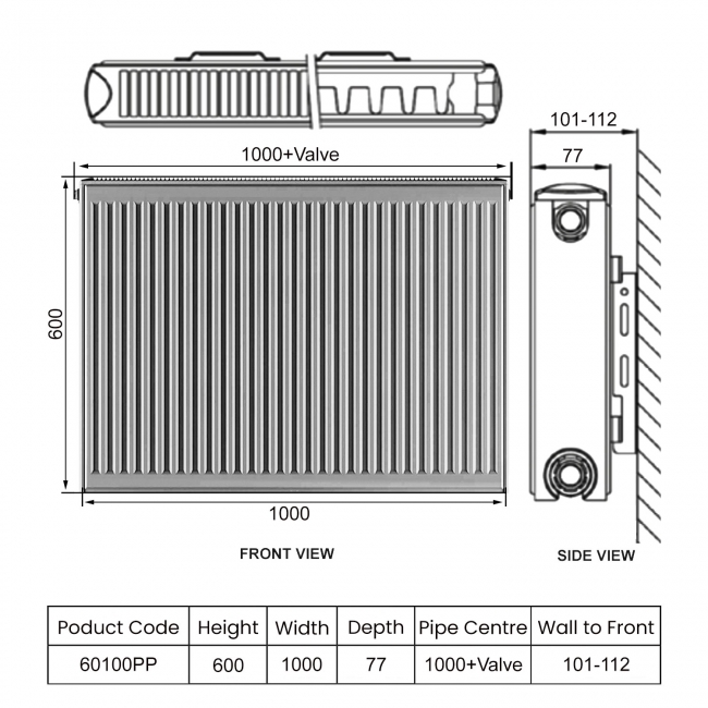 Heatwave EverWarm Compact Radiator 600mm H x 1000mm W Double Panel Plus  | Dimension Image