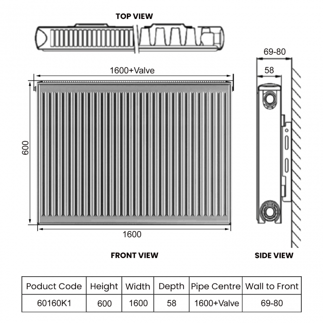 Heatwave EverWarm Compact Radiator 600mm H x 1600mm W Single Convector  | Dimension Image