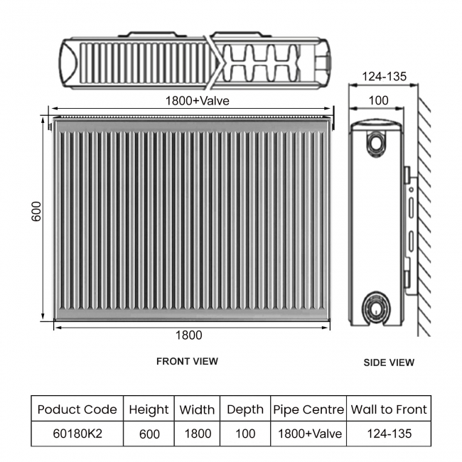 Heatwave EverWarm Compact Radiator 600mm H x 1800mm W Double Convector  | Dimension Image