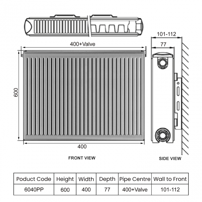 Heatwave EverWarm Compact Radiator 600mm H x 400mm W Double Panel Plus  | Dimension Image