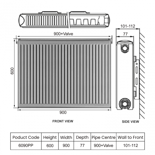 Heatwave EverWarm Compact Radiator 600mm H x 900mm W Double Panel Plus  | Dimension Image