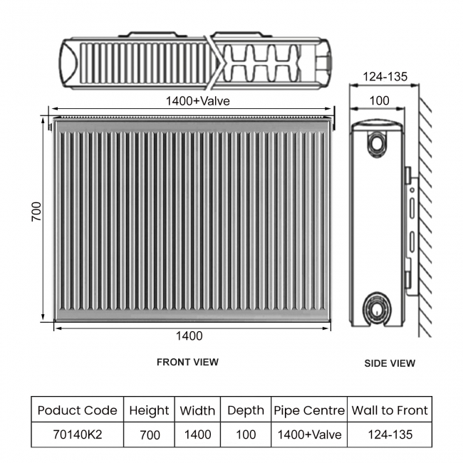 Heatwave EverWarm Compact Radiator 700mm H x 1400mm W Double Convector  | Dimension Image