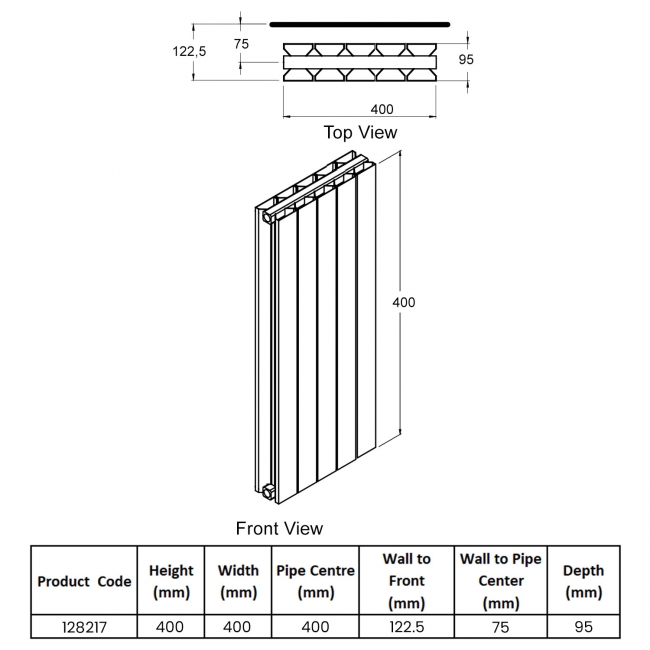 Heatwave Thornbury White Horizontal Aluminium Radiator 400mm (H) x 400mm (W)  | Dimension Image