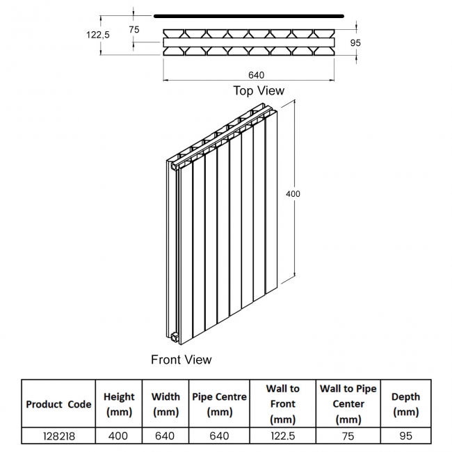 Heatwave Thornbury White Horizontal Aluminium Radiator 400mm (H) x 640mm (W)  | Dimension Image