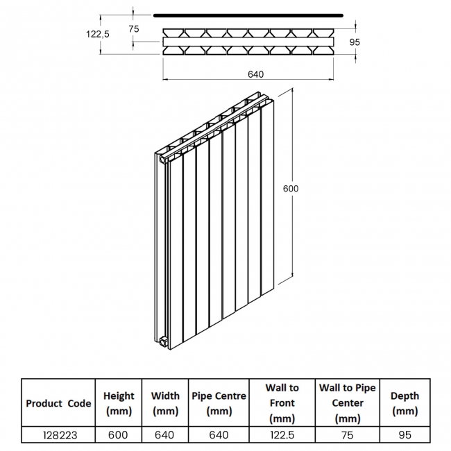 Heatwave Thornbury White Horizontal Aluminium Radiator 600mm (H) x 640mm (W)  | Dimension Image