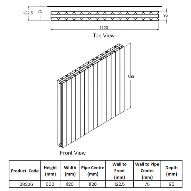 Heatwave Thornbury White Horizontal Aluminium Radiator 600mm (H) x 1120mm (W)  | Dimension Image