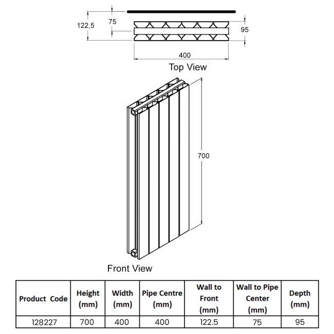 Heatwave Thornbury White Horizontal Aluminium Radiator 700mm (H) x 400mm (W)  | Dimension Image
