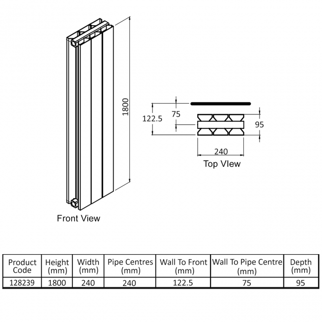 Heatwave Thornbury White Vertical Aluminium Radiator 1800mm (H) x 240mm (W)  | Dimension Image