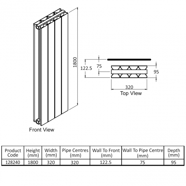 Heatwave Thornbury White Vertical Aluminium Radiator 1800mm (H) x 320mm (W)  | Dimension Image