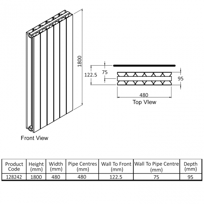 Heatwave Thornbury White Vertical Aluminium Radiator 1800mm (H) x 480mm (W)  | Dimension Image