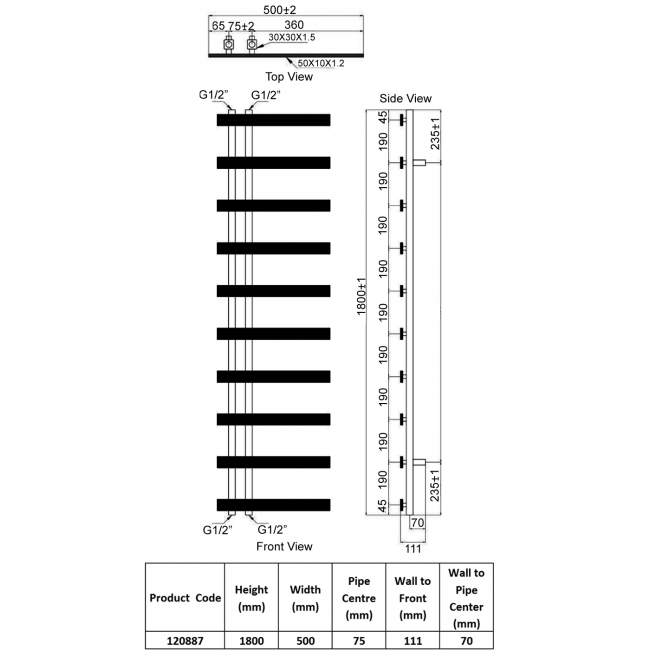 Heatwave Joya Anthracite Designer Towel Rail 1800mm (H) x 500mm (W)  | Dimension Image