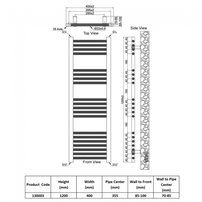 Heatwave Harmony White Ladder Towel Rail 1200mm (H) x 400mm (W)  | Dimension Image