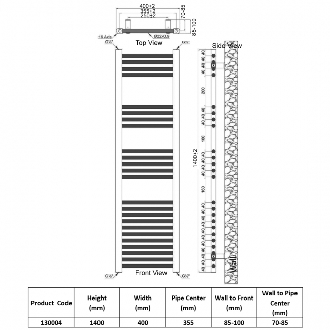 Heatwave Harmony White Ladder Towel Rail 1400mm (H) x 400mm (W)  | Dimension Image