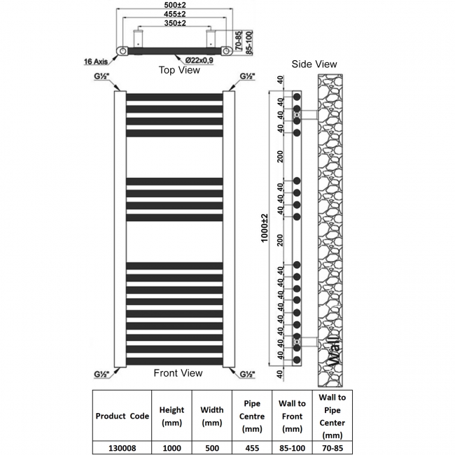 Heatwave Harmony White Ladder Towel Rail 1000mm (H) x 500mm (W)  | Dimension Image