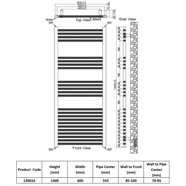 Heatwave Harmony White Ladder Towel Rail 1400mm (H) x 600mm (W)  | Dimension Image