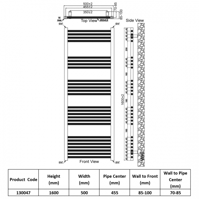 Heatwave Harmony Chrome Ladder Towel Rail 1600mm (H) x 500mm (W)  | Dimension Image