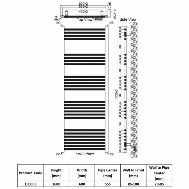 Heatwave Harmony Chrome Ladder Towel Rail 1600mm (H) x 600mm (W)  | Dimension Image