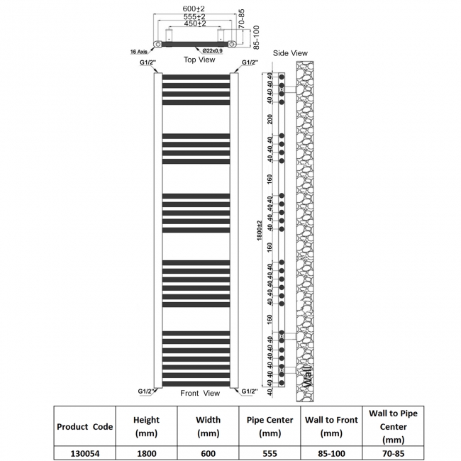 Heatwave Harmony Chrome Ladder Towel Rail 1800mm (H) x 600mm (W)  | Dimension Image