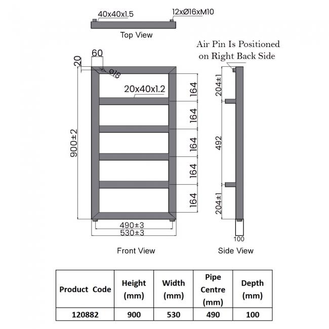 Heatwave Dune Black Designer Towel Rail 900mm (H) x 530mm (W)  | Dimension Image