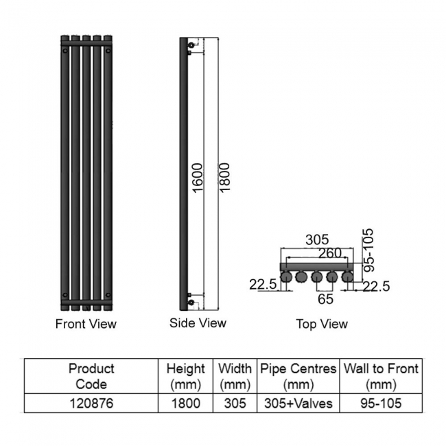 Heatwave Mayfair Single Designer Vertical Radiator 1800mm H x 305mm W - Anthracite