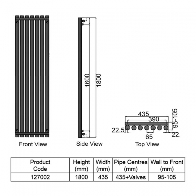 Heatwave Mayfair Single Designer Vertical Radiator 1800mm H x 435mm W - Chrome