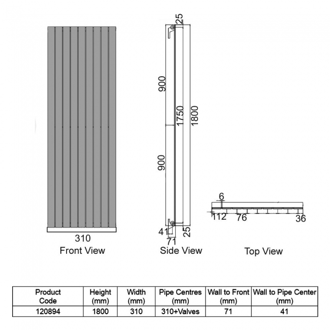 Heatwave Merlo Single Designer Vertical Radiator 1800mm H x 310mm W - White