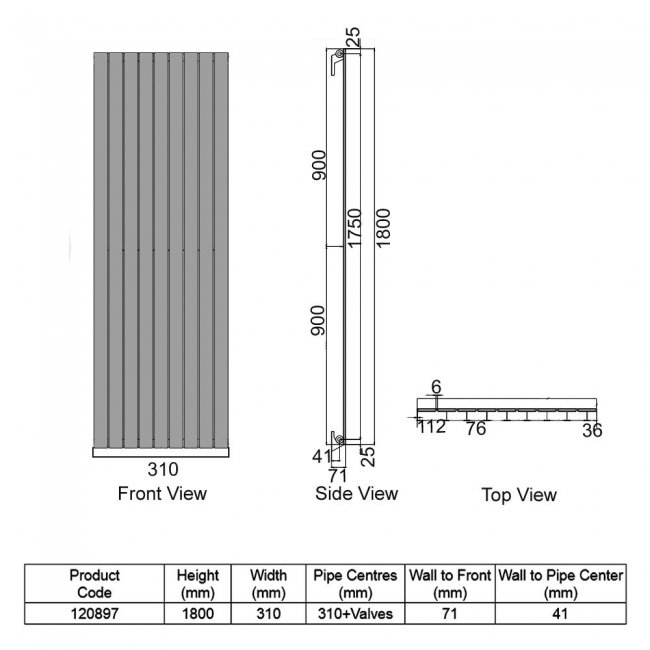 Heatwave Merlo Single Designer Vertical Radiator 1800mm H x 310mm W - Anthracite